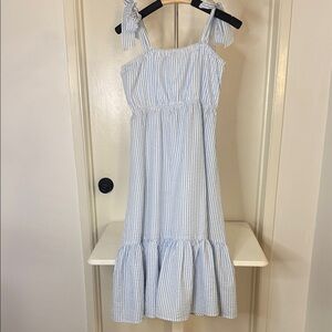 Aqua Light Blue and White Striped Seersucker Midi Sundress